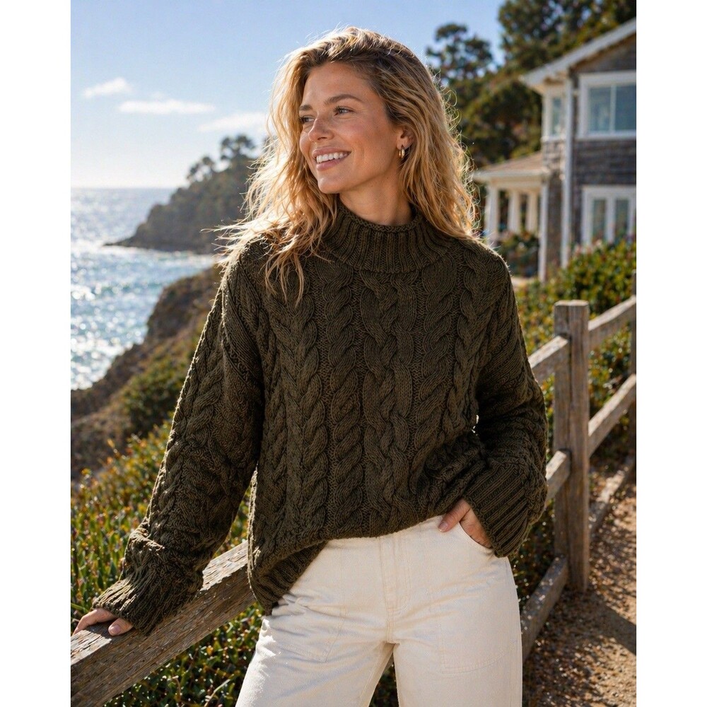 J Crew 2025 Rollneck Cable Knit Sweater Womens XL Woodland Brush Green Cotton - Picture 9 of 9